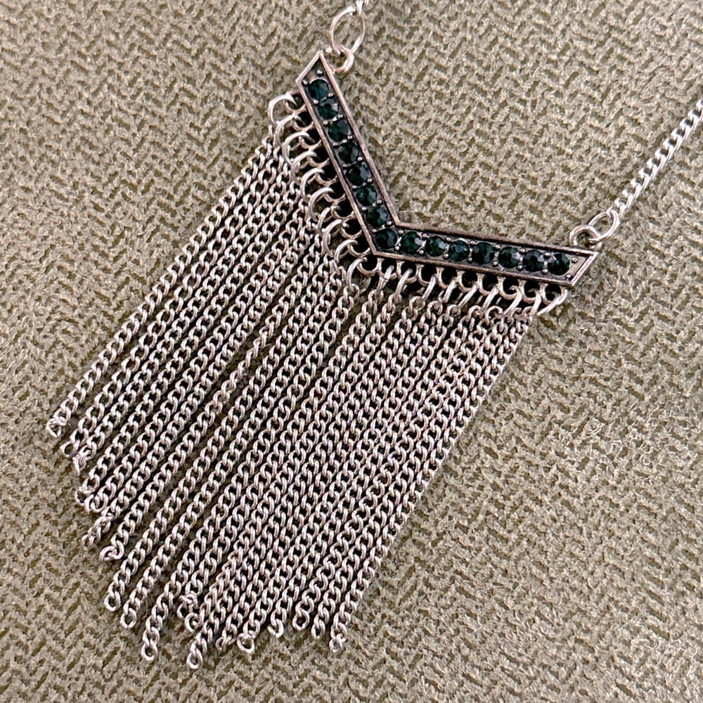 Silver and Green Fringe Necklace